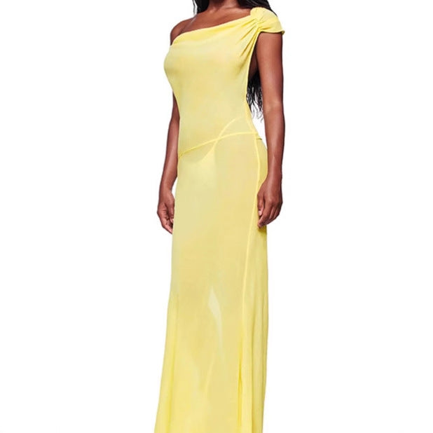 Ladies Elegant Maxi Dress with Asymmetrical Neckline and Chic Refined Bow Detail