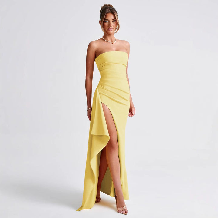 Women Elegant Strapless Evening Dress with Asymmetric Slit Lune London