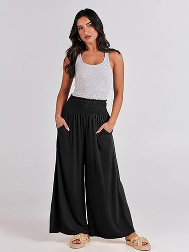 Wide summer pants for women with elastic waistband and side pockets Lune London