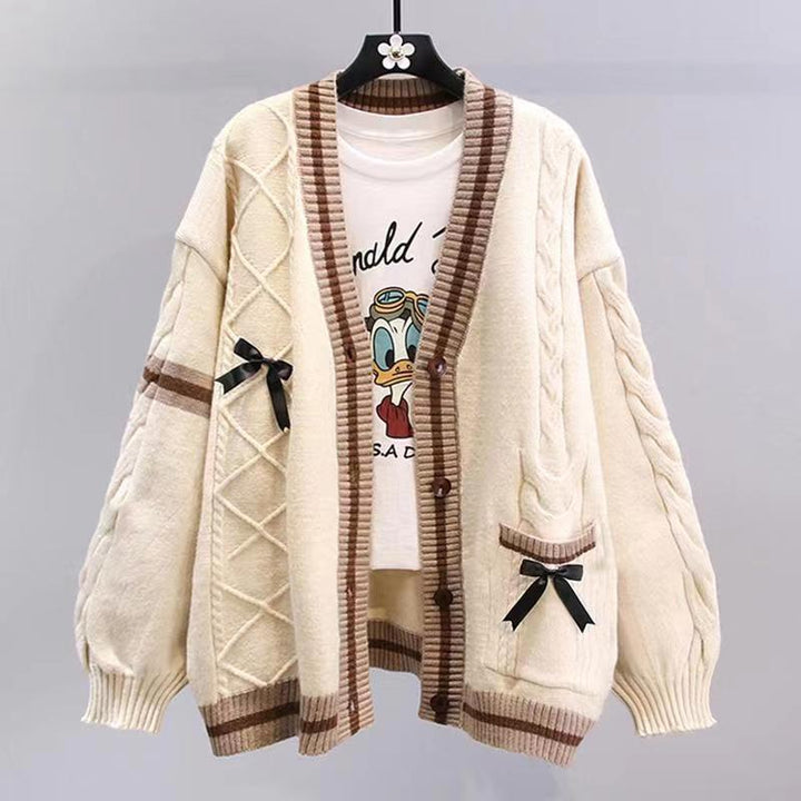 Cardigan tricoté à la mode pour femmes avec motif en couture et nœuds décoratifs