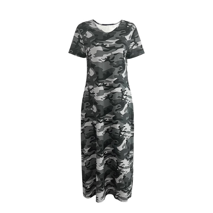 Maxi dress for women with a modern camouflage design and practical pockets Lune London