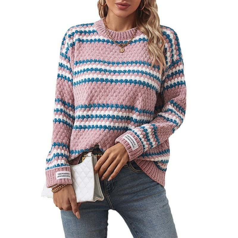 Pull en tricot pour femmes avec un mélange de motifs texturé et un col rond confortable Lune London