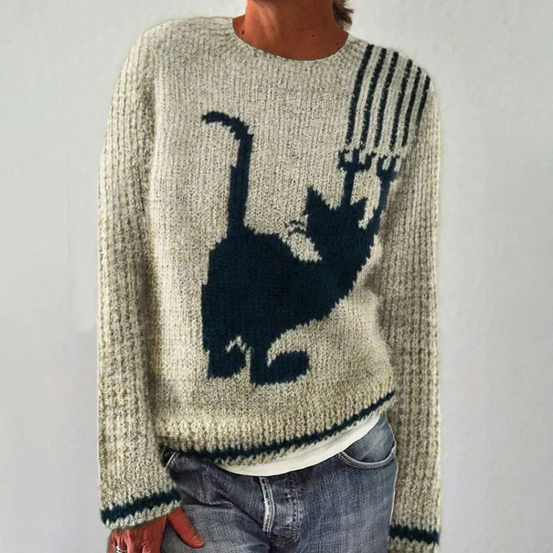 Pull confortable pour femmes avec motif renard et manches rayées Chic & Stil