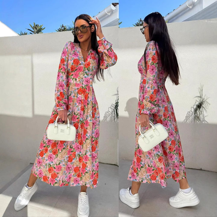 Floral print maxi dress for women with button placket Lune London