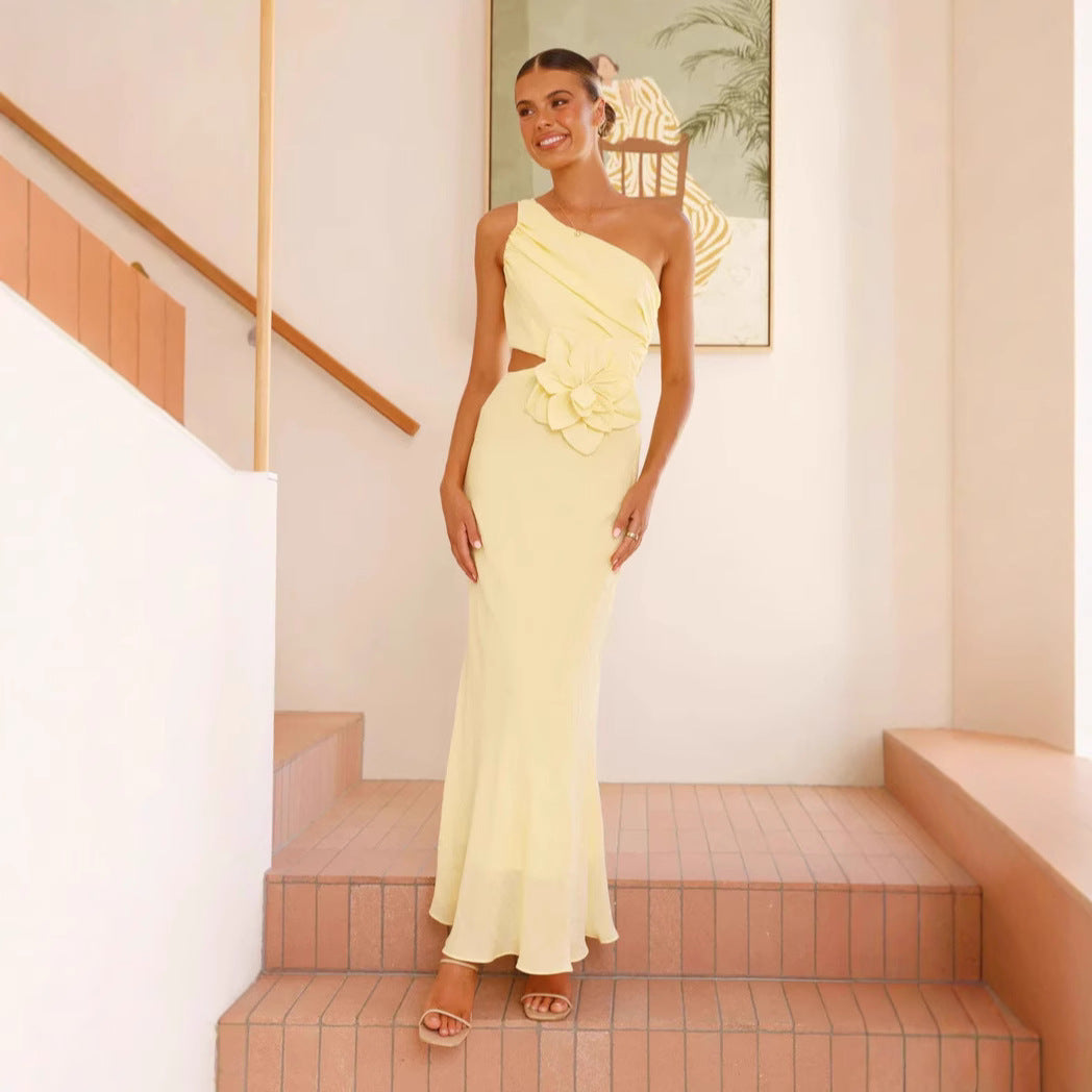 Women's Elegant Maxi Dress with Asymmetric Cut and Floral Detail