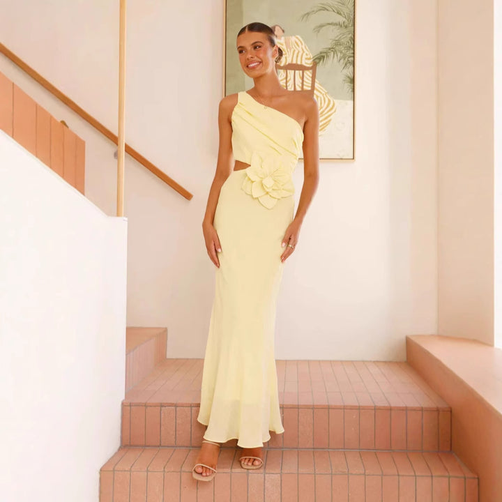 Women's Elegant Maxi Dress with Asymmetric Cut and Floral Detail