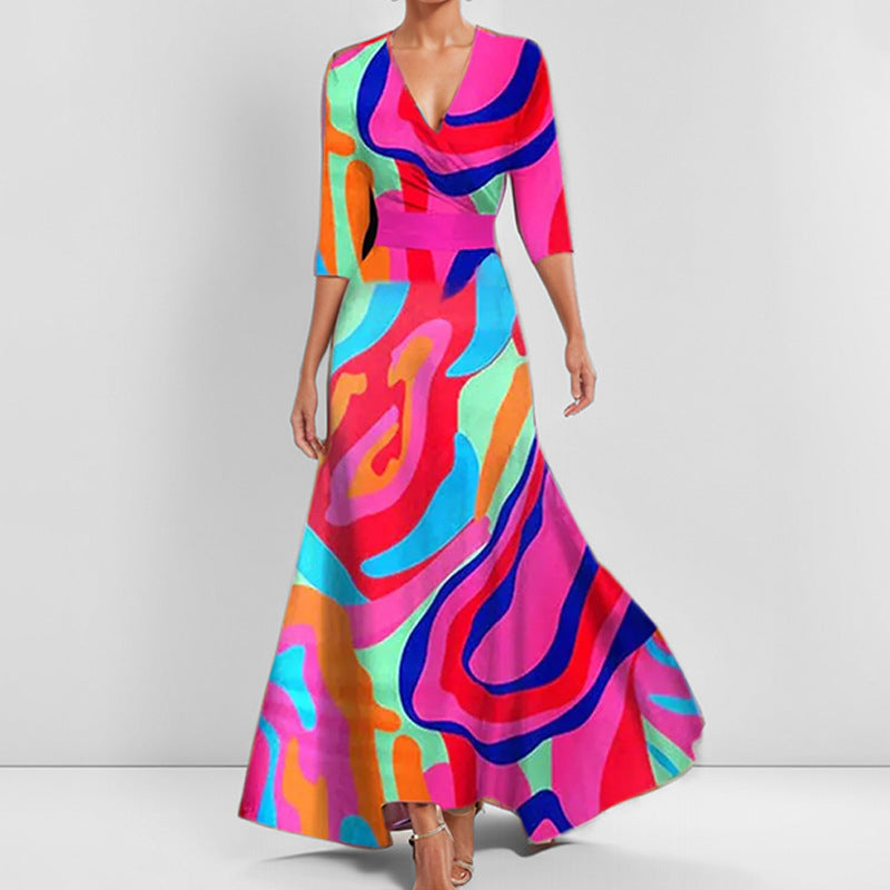 Chic und Stil | Elegant V-Neck Printed Waist Dress with Peplum