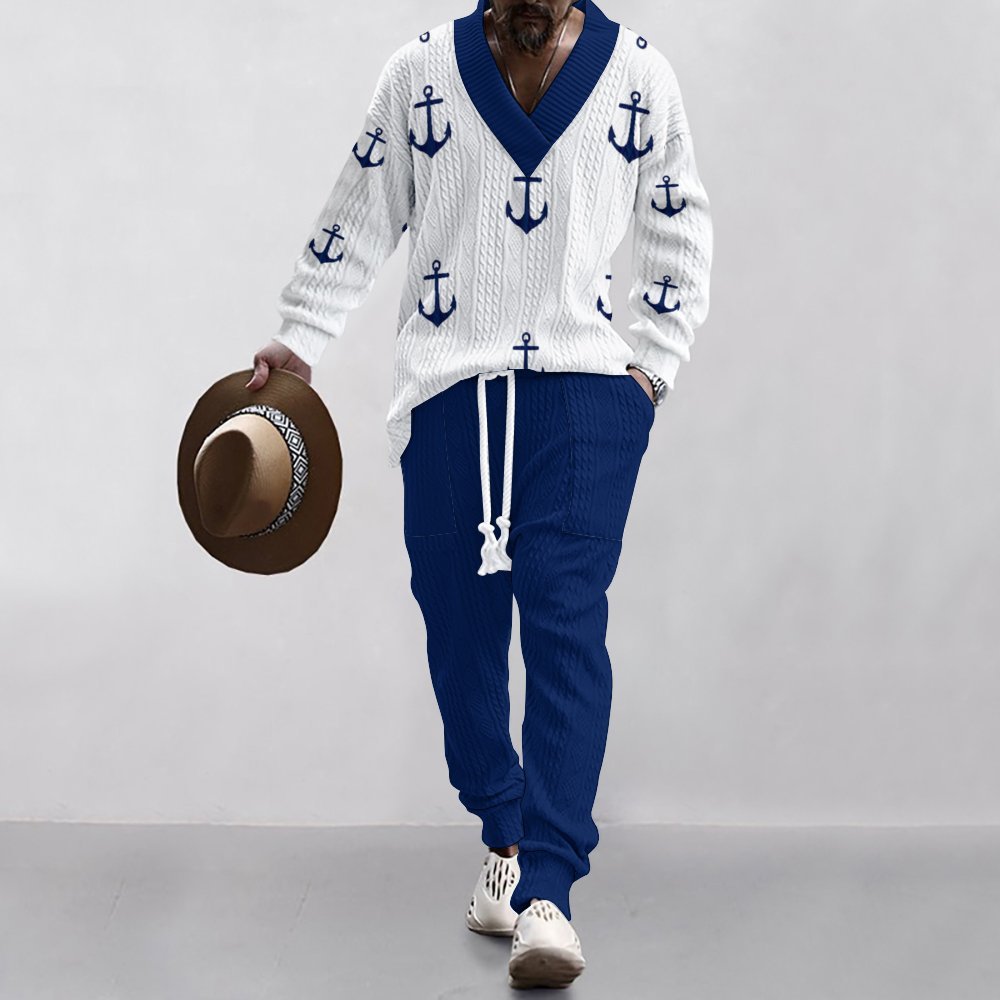 Navy knit sweater for men with a unique anchor pattern and comfortable pants Lune London