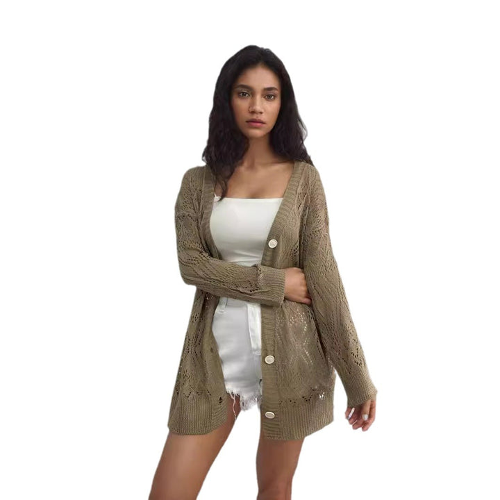 Knitted jacket for women with an artistic hole pattern and practical button details Lune London