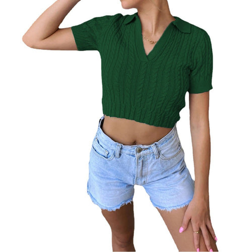 Short sweater with short sleeves for ladies with V-neck and elegant cable structure Lune London