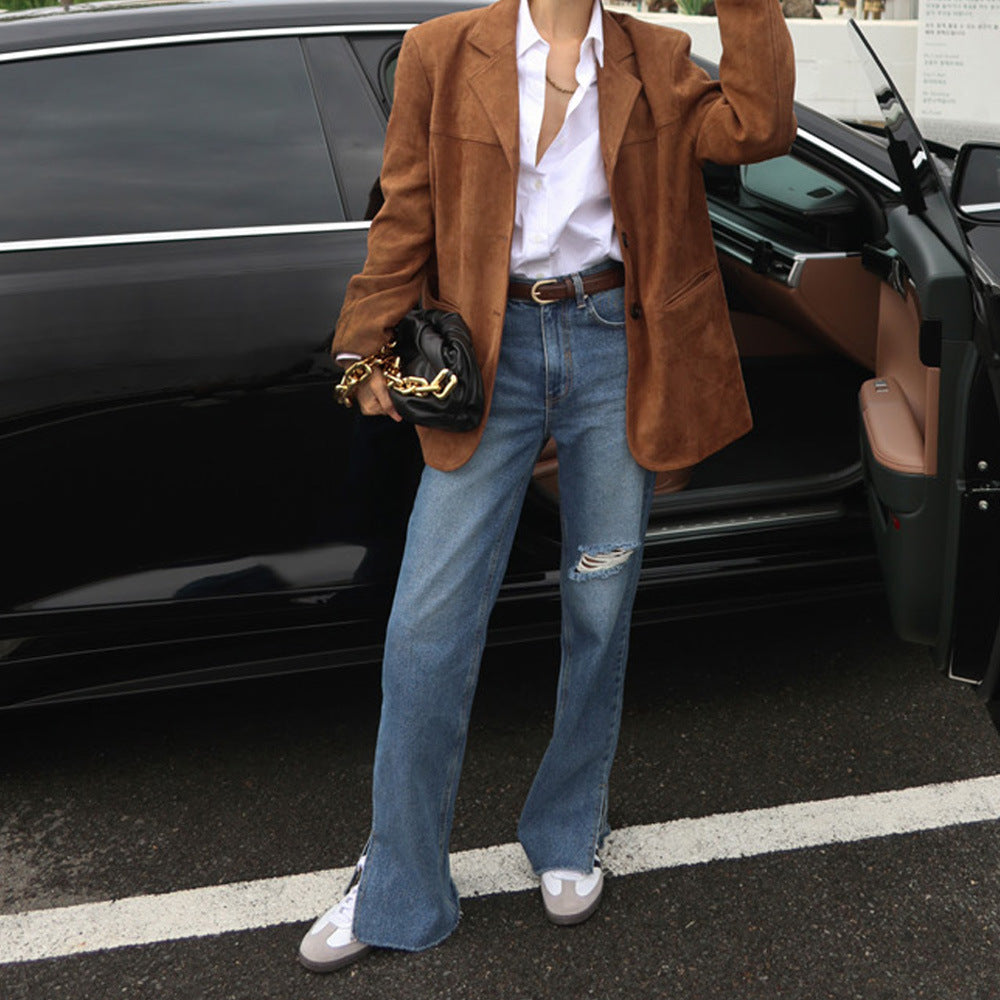 Oversized suede blazer for women with stylish stitching details Lune London