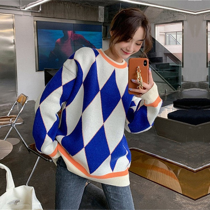 Pull-over tricoté surdimensionné pour femmes avec motif géométrique et contrastes de couleurs Chic & Stil
