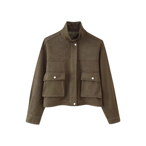Suede jacket with high collar and practical pockets for ladies Lune London