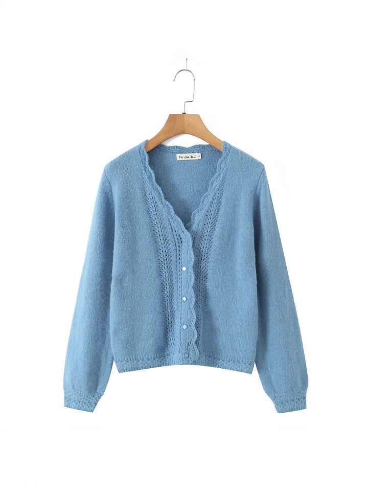 Ladies elegant cardigan with deep V-neck and delicate buttons Lune London