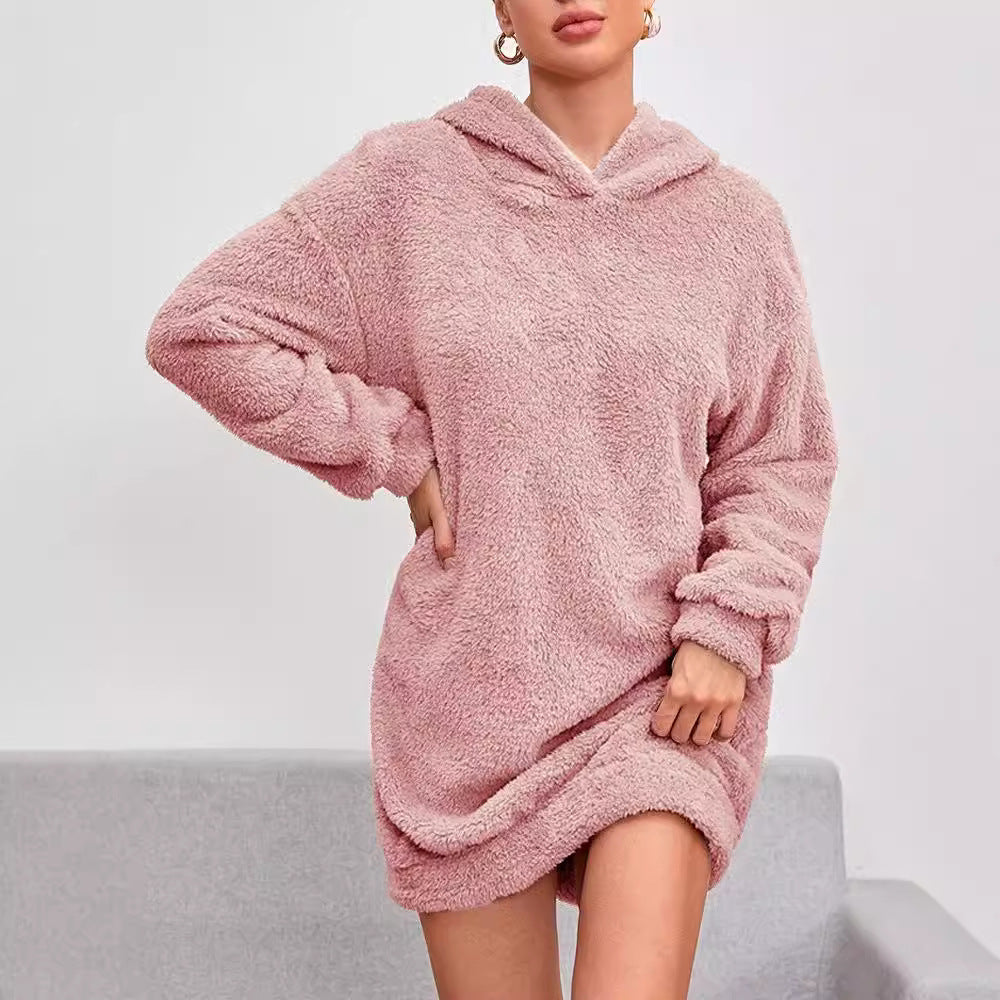 Fleece hoodie dress for women with hood and practical pockets Lune London