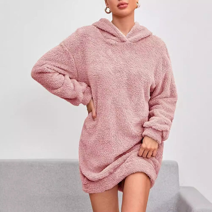 Fleece hoodie dress for women with hood and practical pockets Lune London