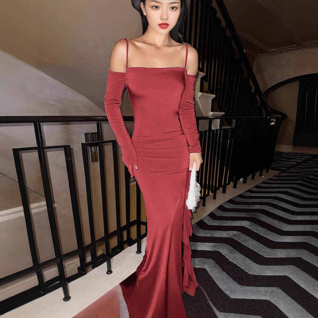 Ladies Elegant Long Maxi Dress with Long Sleeves, Asymmetrical Hem and Ruffle Details Lune London