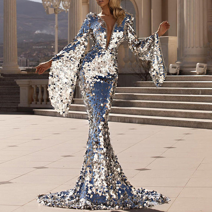 Women's Glamorous Sequin Evening Dress with Deep V-Neck and Long Sleeves Lune London