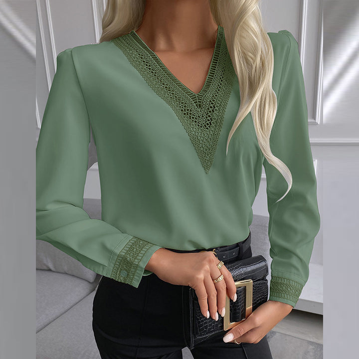 Ladies Elegant V Neck Blouse with Decorative Lace Lune London