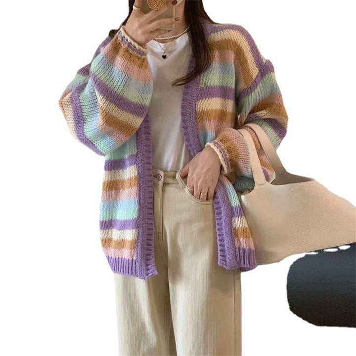 Cardigan en tricot décontracté pour femmes avec un motif de rayures colorées et des manches larges Chic & Stil