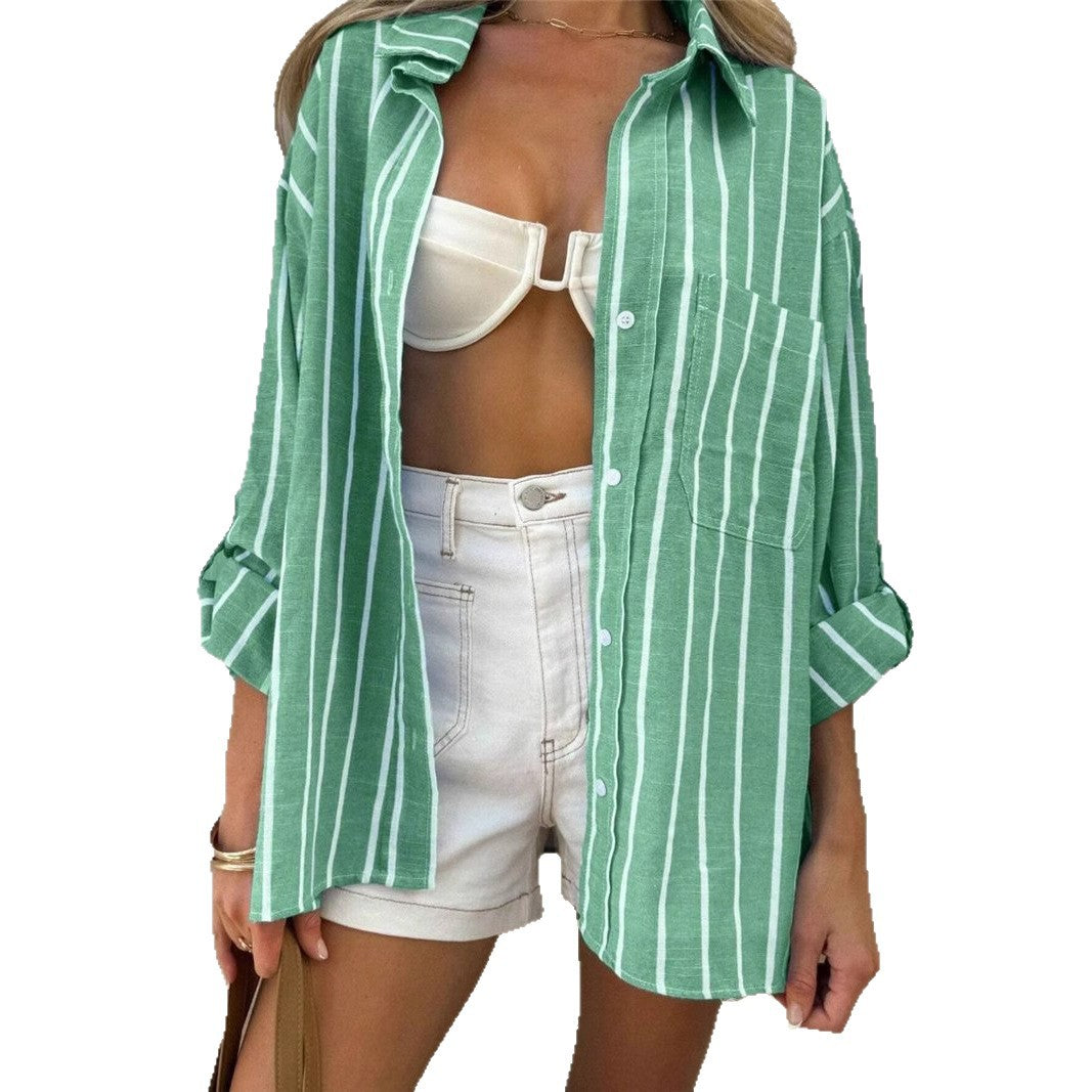 Casual knitted blouse for women with a trendy striped look and chest pocket Lune London