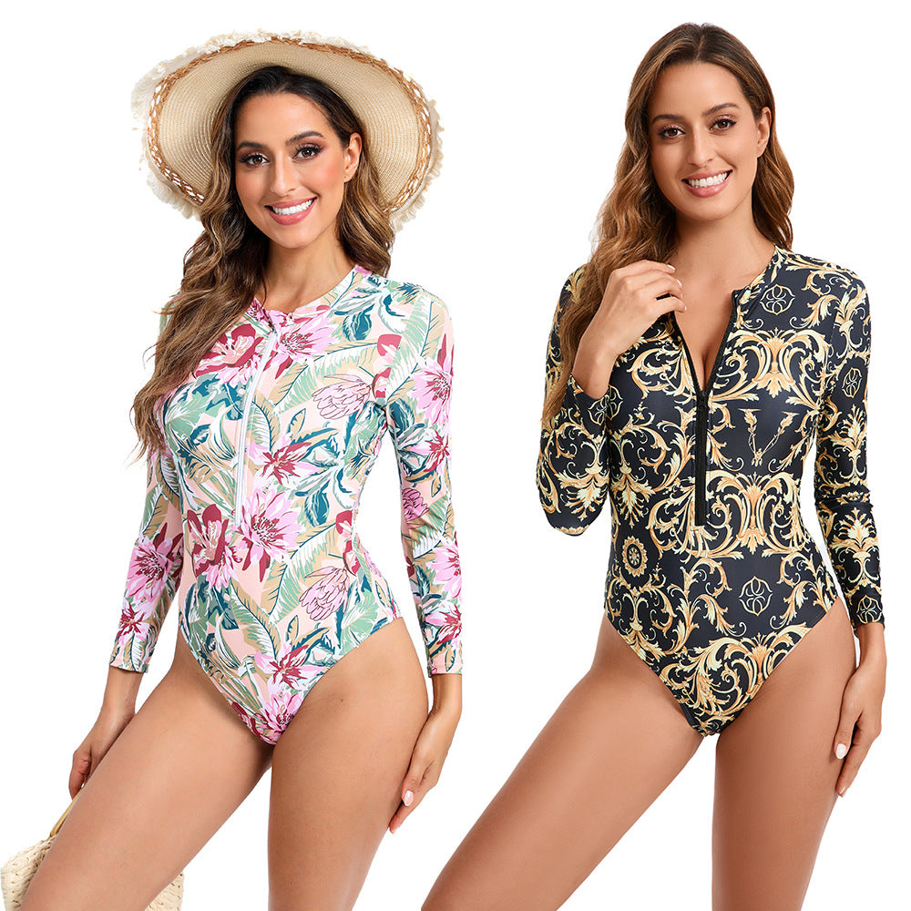 Long-sleeve swimsuit for women with floral print and full zip Lune London