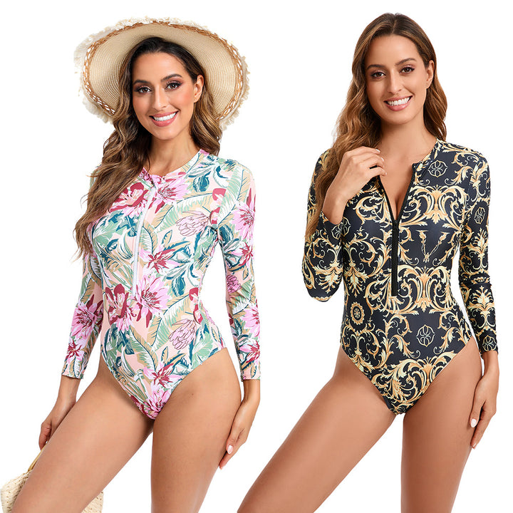 Long-sleeve swimsuit for women with floral print and full zip Lune London