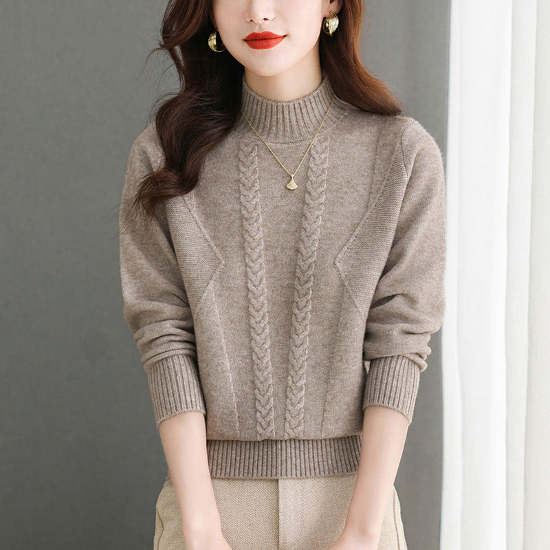 Pull femme en gros tricot avec un élégant motif torsadé et un col haut Lune London