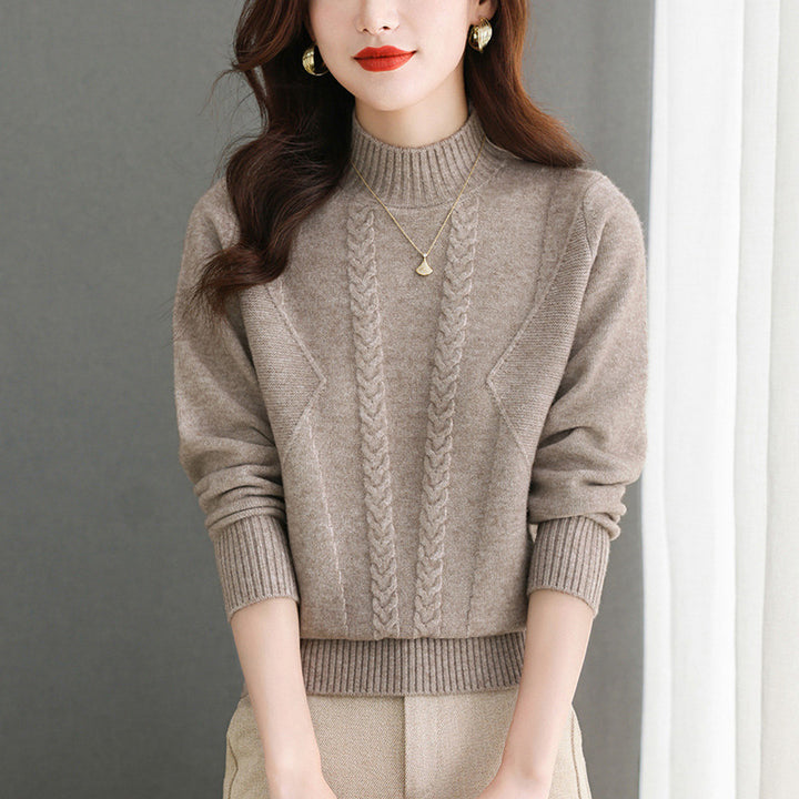 Pull femme en gros tricot avec un élégant motif torsadé et un col haut Lune London