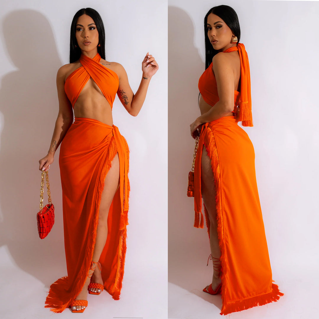 Maxi dress with strapless neckline for women with high slit Lune London