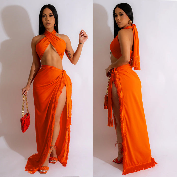 Maxi dress with strapless neckline for women with high slit Lune London