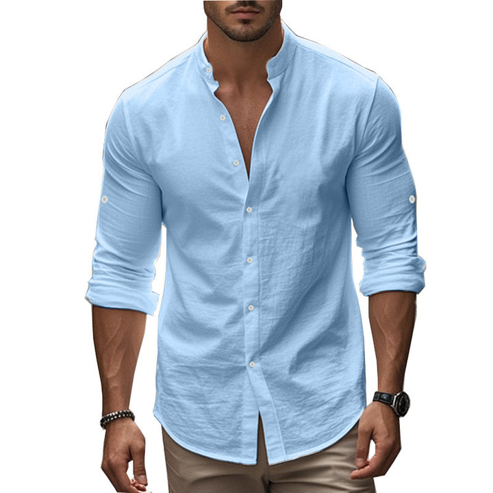 Stylish long sleeve shirt for men with modern stand-up collar and practical button details Lune London