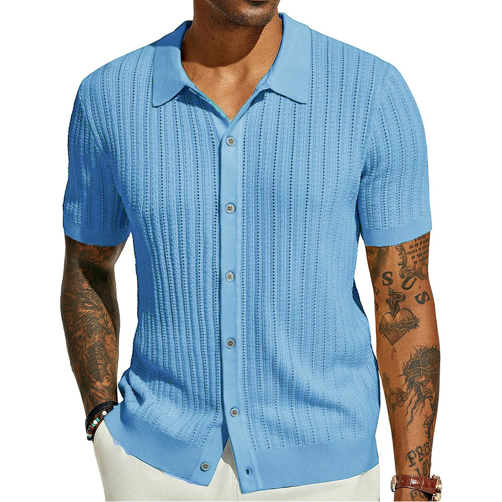Short sleeve knit shirt for men with a fine lace structure and a classic collar Lune London