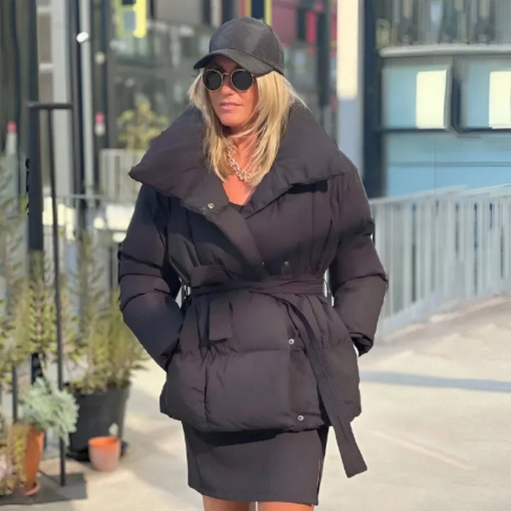 Oversized winter jacket for women with wide collar and tie at the waist Lune London
