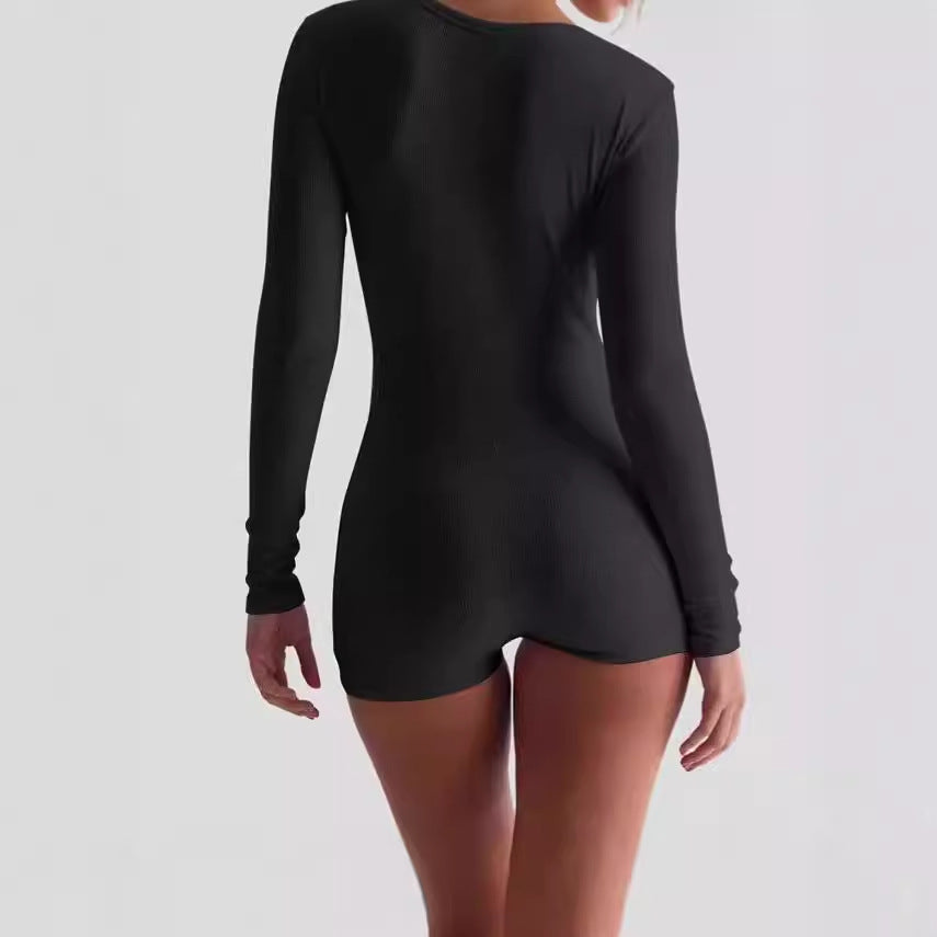 Ladies fitted body long sleeve jumpsuit with fine rib details Lune London