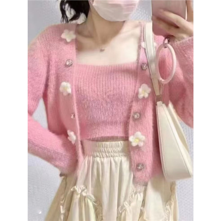 Floral pattern knitted top for women with matching open cardigan Lune London