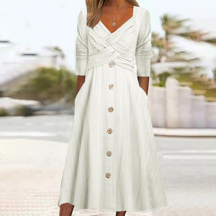 Maxi button dress for women with crisscross top detail Lune London