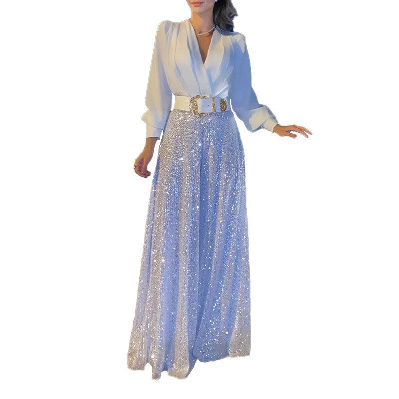 Women's Glamorous Evening Dress with Shimmering Top and Flared Skirt Lune London