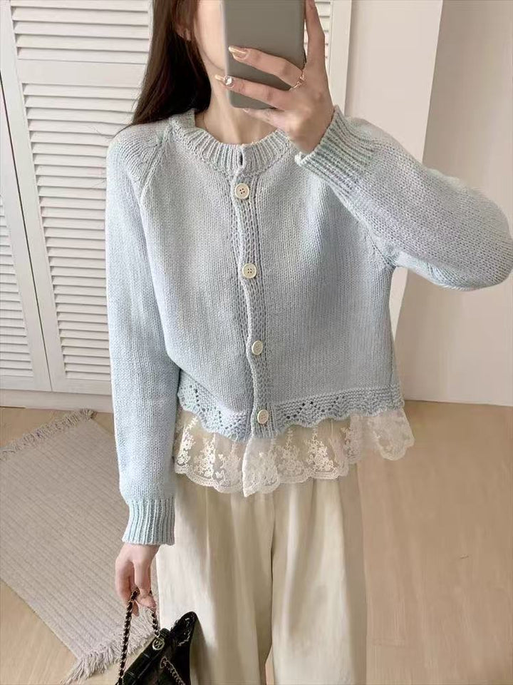 Women's knit jacket with decorative lace lining and button details Lune London