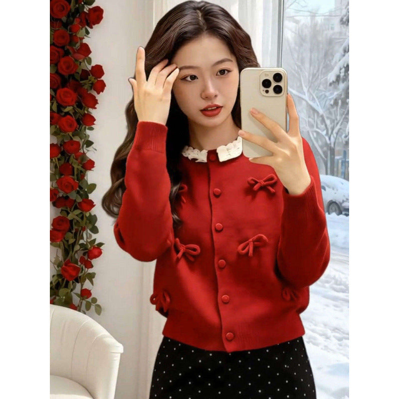 Cardigan femme avec un col froncé romantique et des nœuds