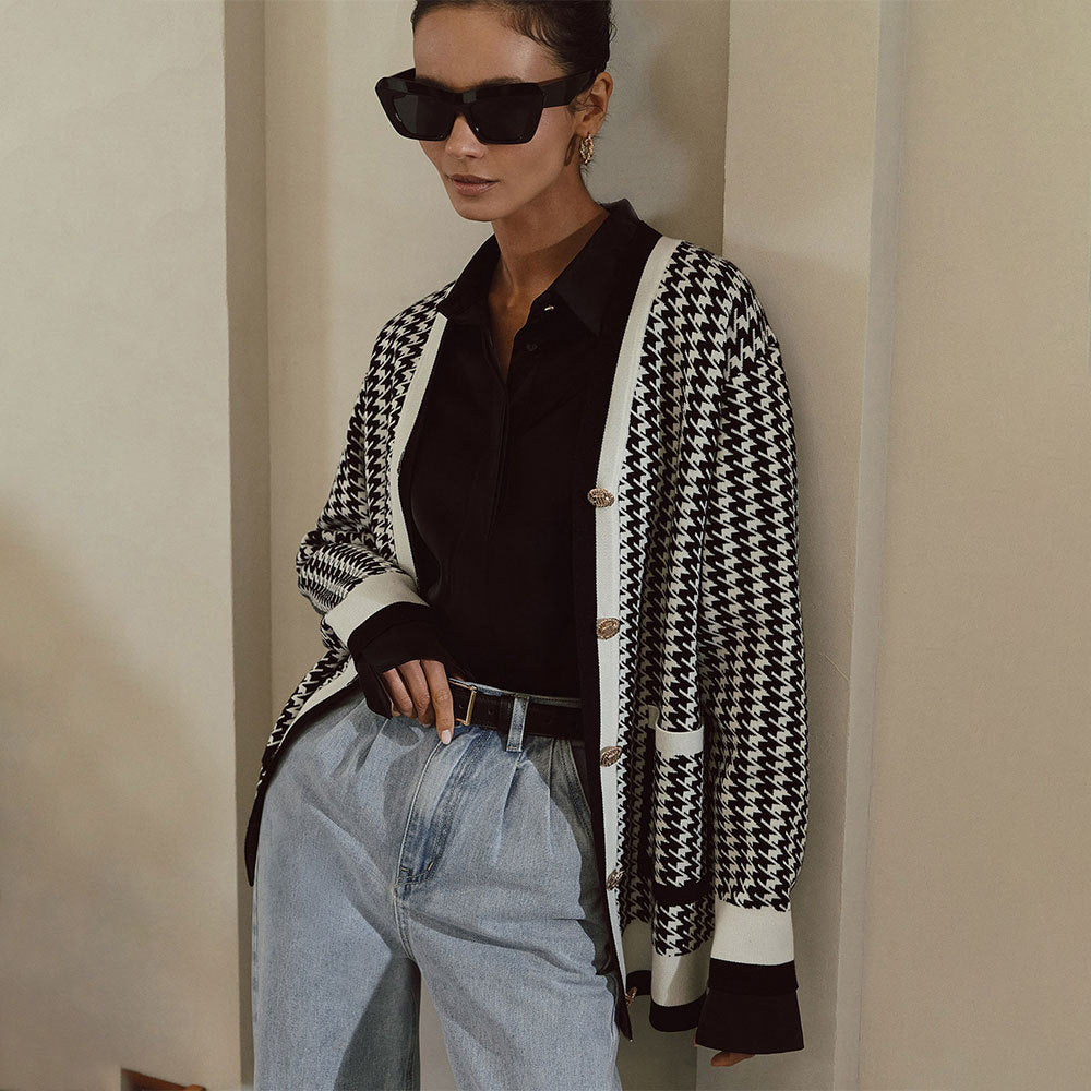 Women's knitted cardigan with a classic houndstooth pattern and button placket Lune London