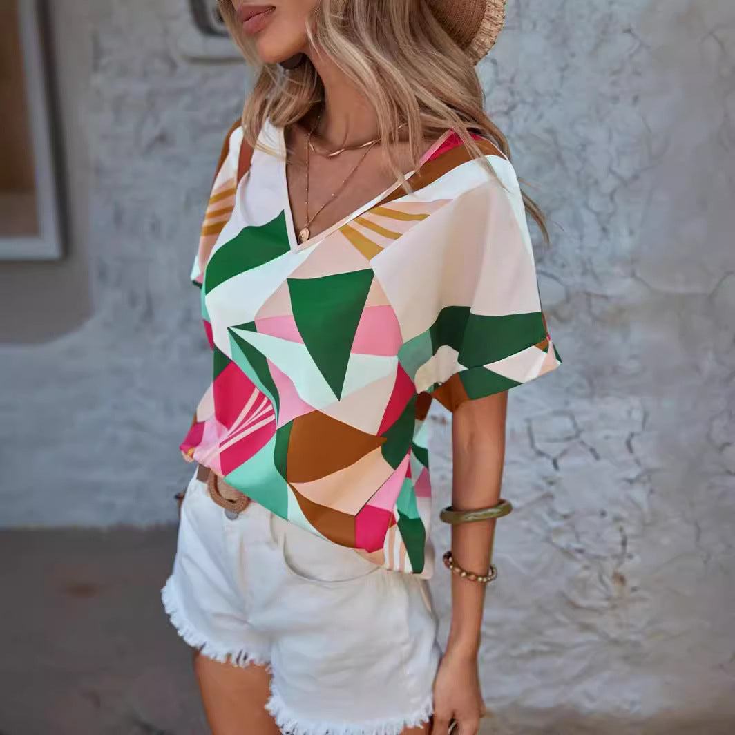 Ladies V-neck top geometric print Lune London