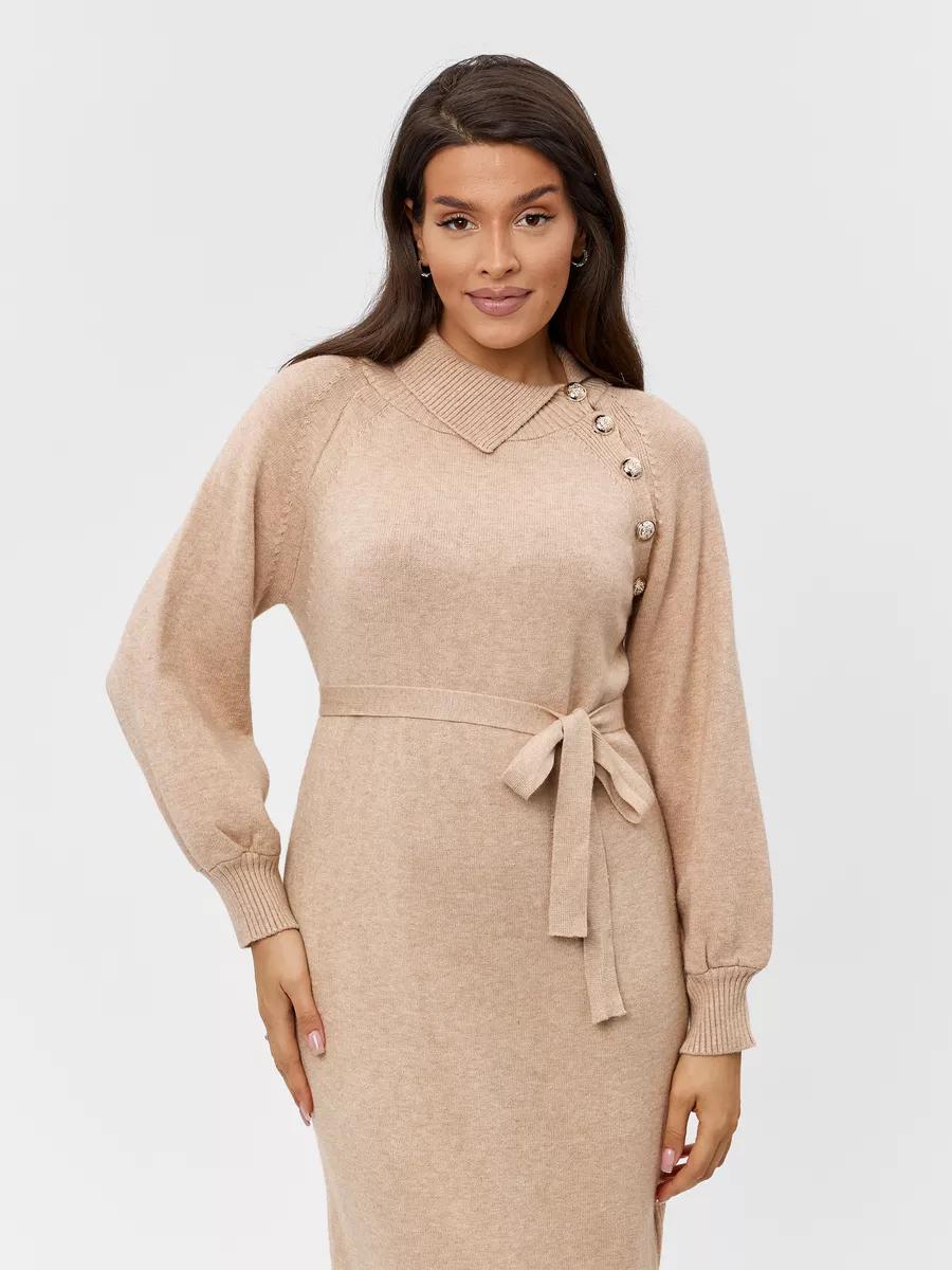 Knit dress for women with fitted belt and decorative button details Lune London