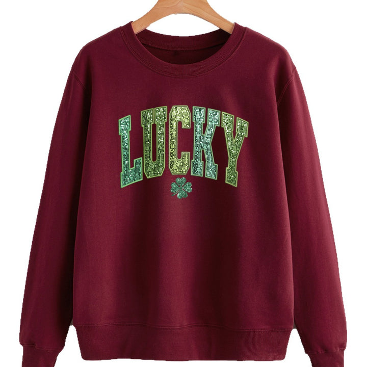 Sweatshirt décontracté pour femmes avec lettrage étincelant et motif de trèfle Chic & Stil