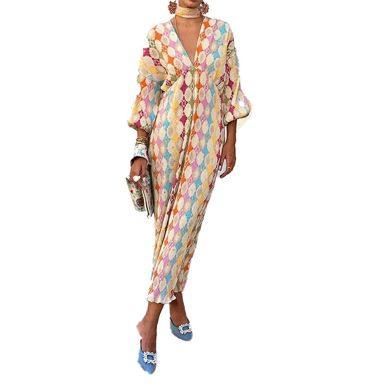 Robe maxi pour femmes avec des motifs géométriques modernes et des manches volumineuses Chic & Stil