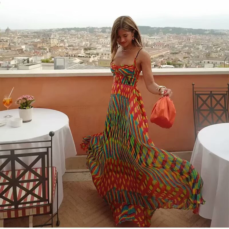 Maxi dress for ladies with eye-catching geometric pattern and adjustable spaghetti straps Lune London