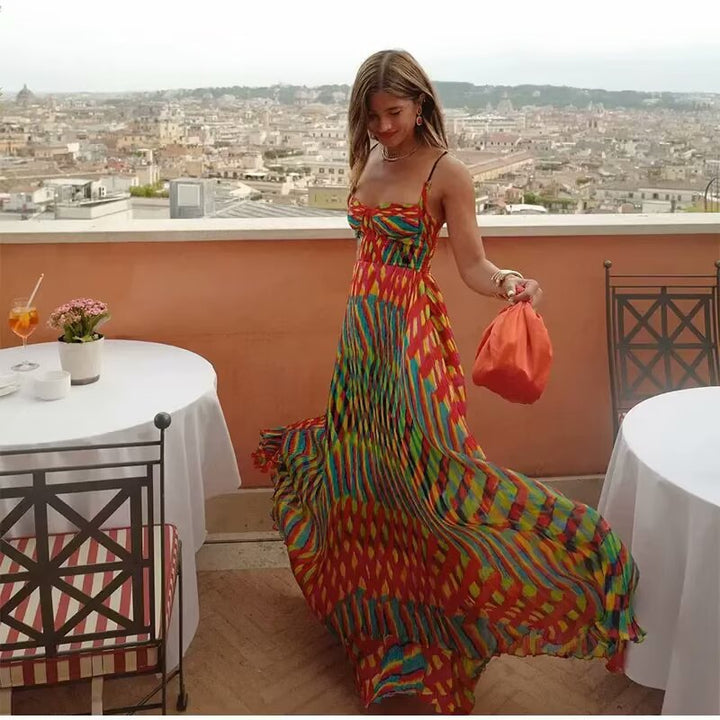 Maxi dress for ladies with eye-catching geometric pattern and adjustable spaghetti straps Lune London