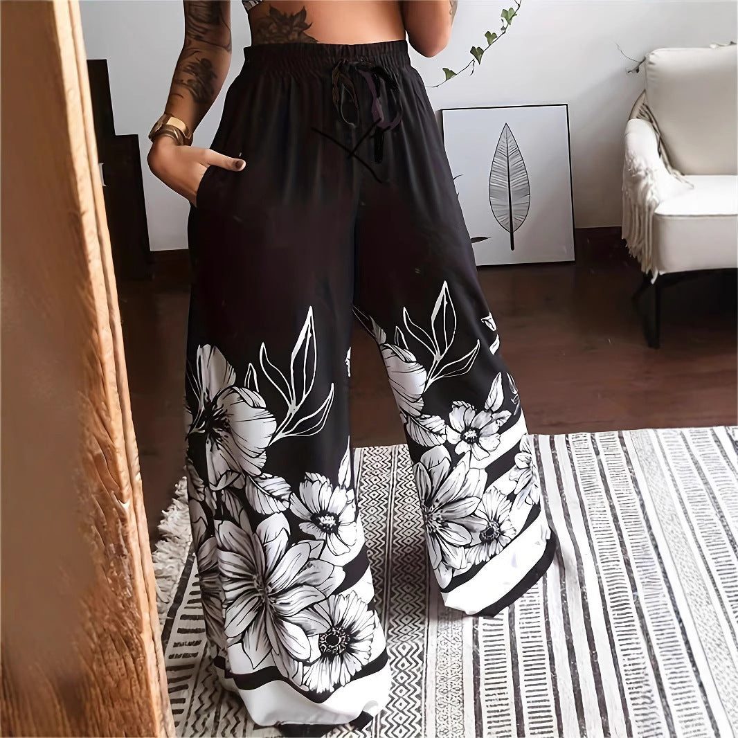 Pleated women's trousers with floral pattern and elastic waistband Lune London