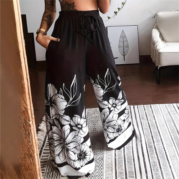 Pleated women's trousers with floral pattern and elastic waistband Lune London