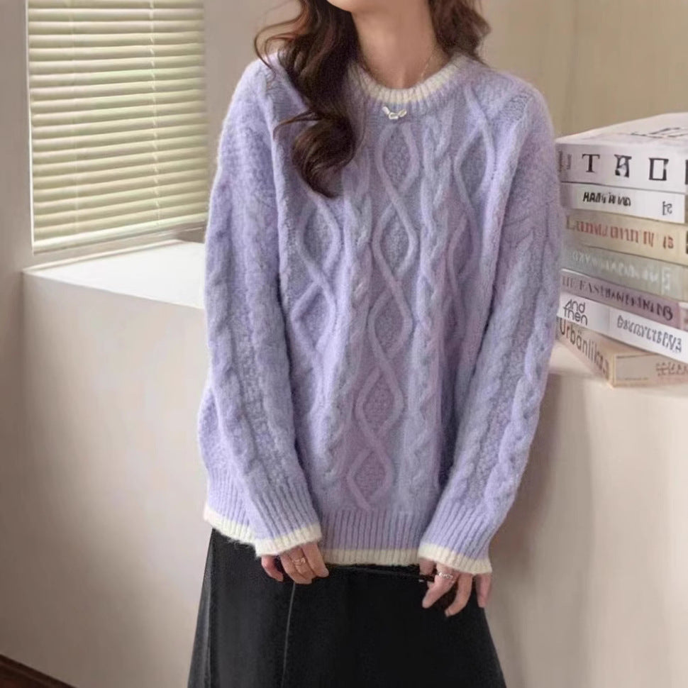 Chunky knit sweater for women with twisted pattern and contrasting collar finish Lune London